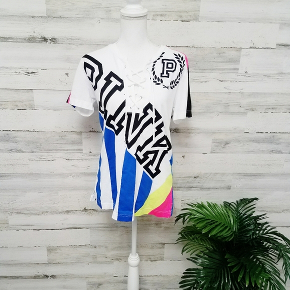 PINK Victoria's Secret Neon Striped Lace Up Tee - Picture 6 of 8